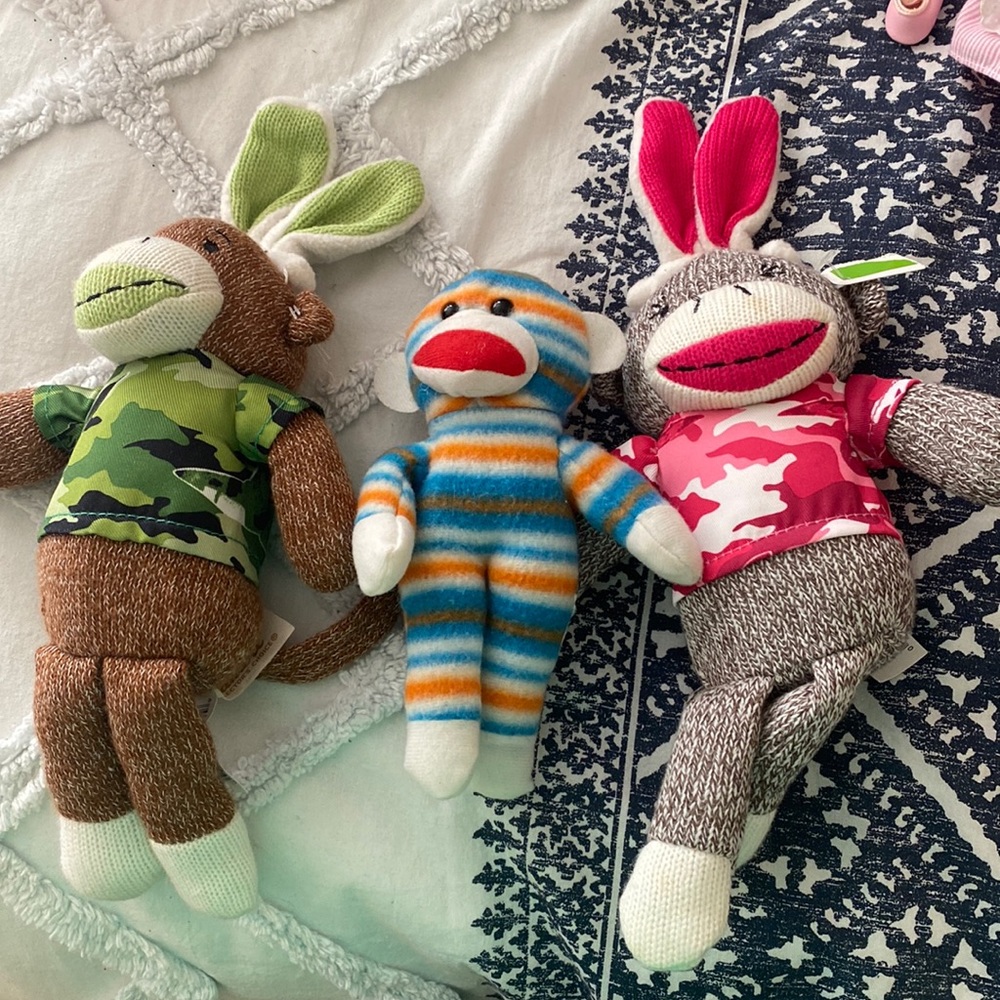 Bundle of three sock monkeys, camouflage